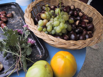 High angle view of fruits in basket