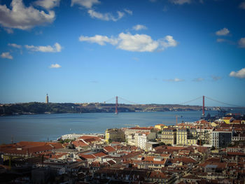 View of suspension bridge over sea against cloudy sky