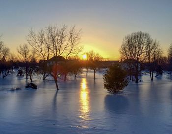 Silhouette bare trees by lake against sky during sunset