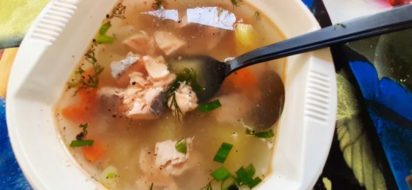 High angle view of soup in bowl
