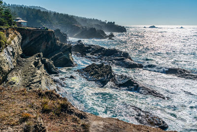 A view of the rugged shoreline at shore acres state park in oregon state.