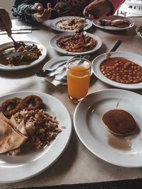 High angle view of meal served on table