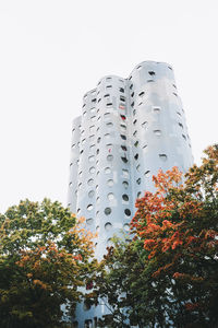 Low angle view of tree by building against sky
