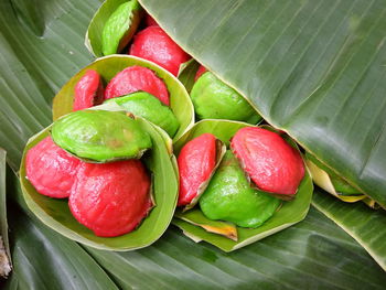 High angle view of fruits and leaves