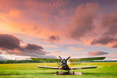 Rear view of man with arms outstretched standing on field against sky during sunset