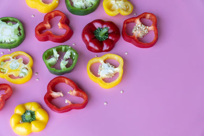 High angle view of fruits and vegetables on table