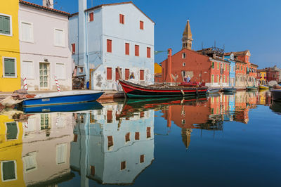 Reflection of buildings in canal against clear sky