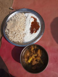 High angle view of food served on table