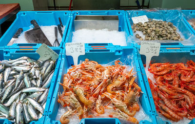 Sardines, prawns and clams for sale at a market in barcelona