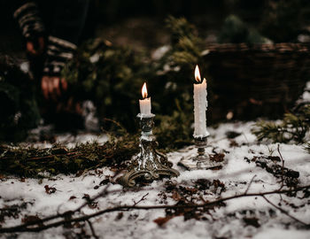 Close-up of lit candles against blurred background