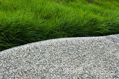 High angle view of stones on field