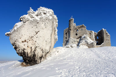 Low angle view of snow against clear blue sky