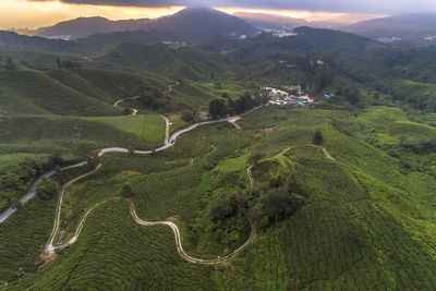 High angle view of green landscape against sky