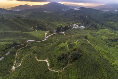 High angle view of green landscape against sky