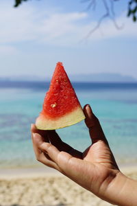 Close-up of hand holding watermelon at beach