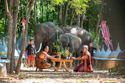 Man and woman against trees