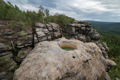 Rock formations on landscape against sky