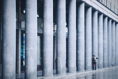 Rear view of woman walking by columns