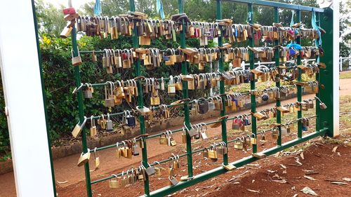 Row of railings hanging on railing