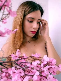 Close-up of woman holding pink flowering plants