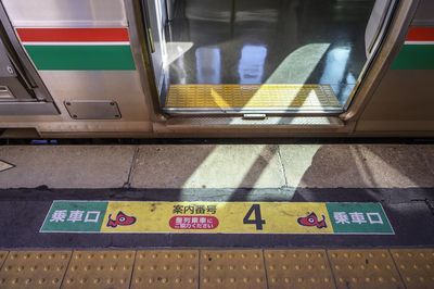 High angle view of text on train window