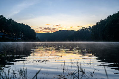 Scenic view of lake against sky at sunset