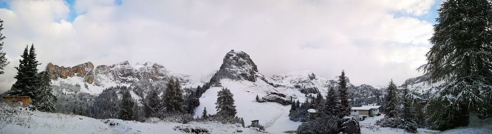 Panoramic view of snow covered trees against sky