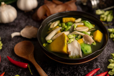 High angle view of vegetables in bowl on table