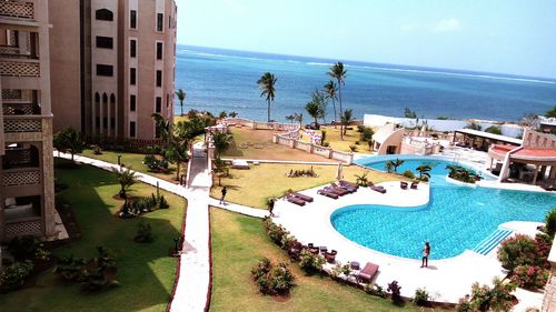 High angle view of swimming pool by sea