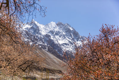 Scenic view of snowcapped mountains against clear sky