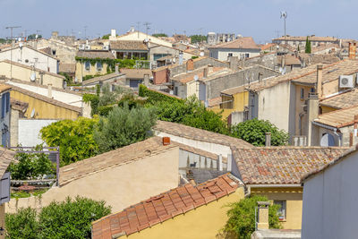 High angle view of buildings in city