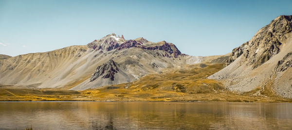 Scenic view of lake and mountains against clear sky