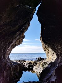 Scenic view of sea seen through rock formations