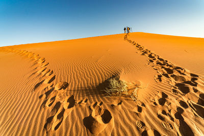 Footprints on sand dune in desert against clear sky
