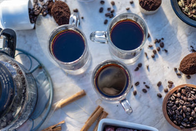 High angle view of coffee on table