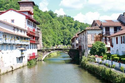 Arch bridge over river amidst buildings against sky