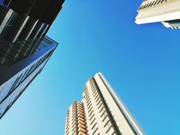 Low angle view of modern building against clear blue sky