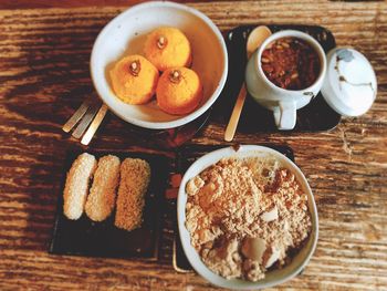 High angle view of breakfast on table