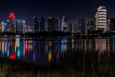 Reflection of illuminated buildings in city at night