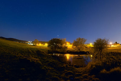 Scenic view of illuminated trees against sky at night