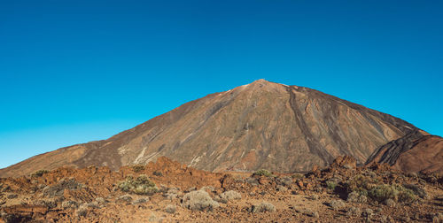 Scenic view of arid landscape against clear blue sky