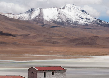 Houses against snowcapped mountains