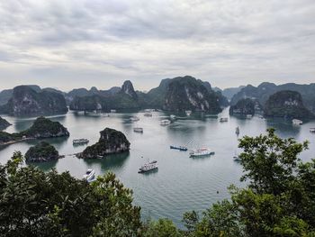 High angle view of boats in bay