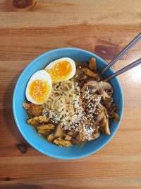 High angle view of breakfast served on table