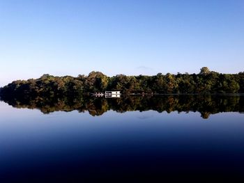Scenic view of lake against clear blue sky