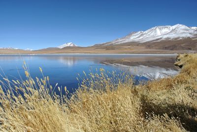 Scenic view of lake and mountains against clear blue sky