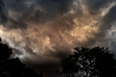 Low angle view of silhouette trees against storm clouds