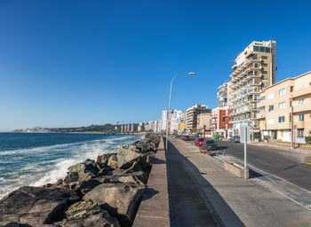 Scenic view of sea against clear blue sky