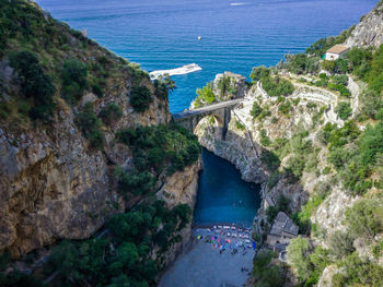 Aerial view of the fiordo di furore beach, amalfi coast