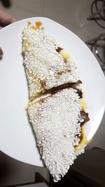 High angle view of cake in plate on table